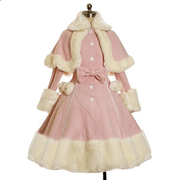 Women Lolita Autumn Coat Warm Fur Collar Bowknot Dress Jacket