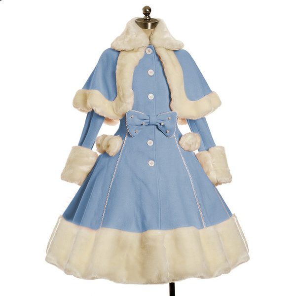 Women Lolita Autumn Coat Warm Fur Collar Bowknot Dress Jacket