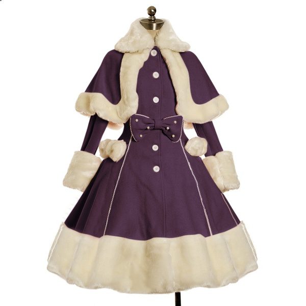 Women Lolita Autumn Coat Warm Fur Collar Bowknot Dress Jacket