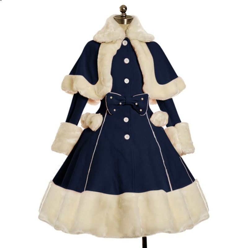 Women Lolita Autumn Coat Warm Fur Collar Bowknot Dress Jacket