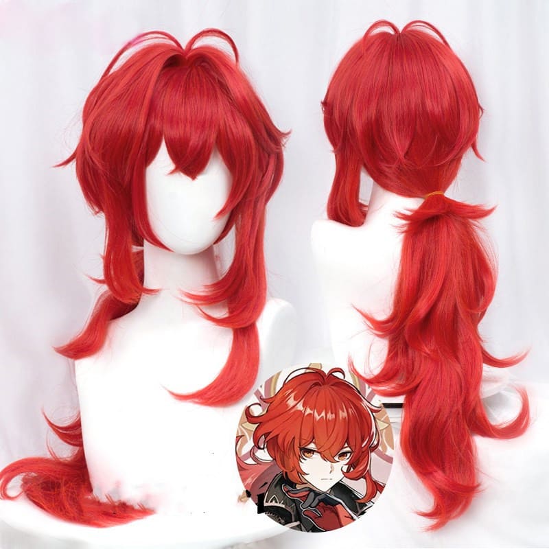 Genshin Impact Diluc Cosplay 60cm Long Red Cosplay Wig