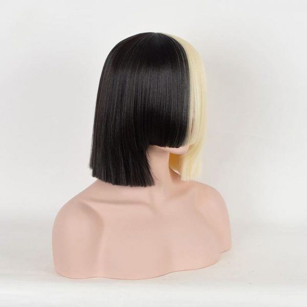 Sia Wig Half Black Half Blonde Short Straight Flat Bangs Cosplay Wigs With Big Bowknowts