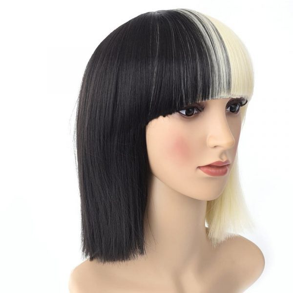 Sia Wig Half Black Half Blonde Short Straight Flat Bangs Cosplay Wigs With Big Bowknowts