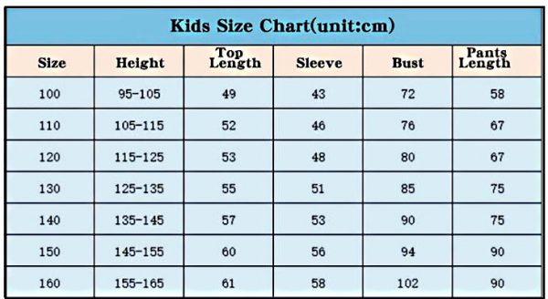 kids size chart