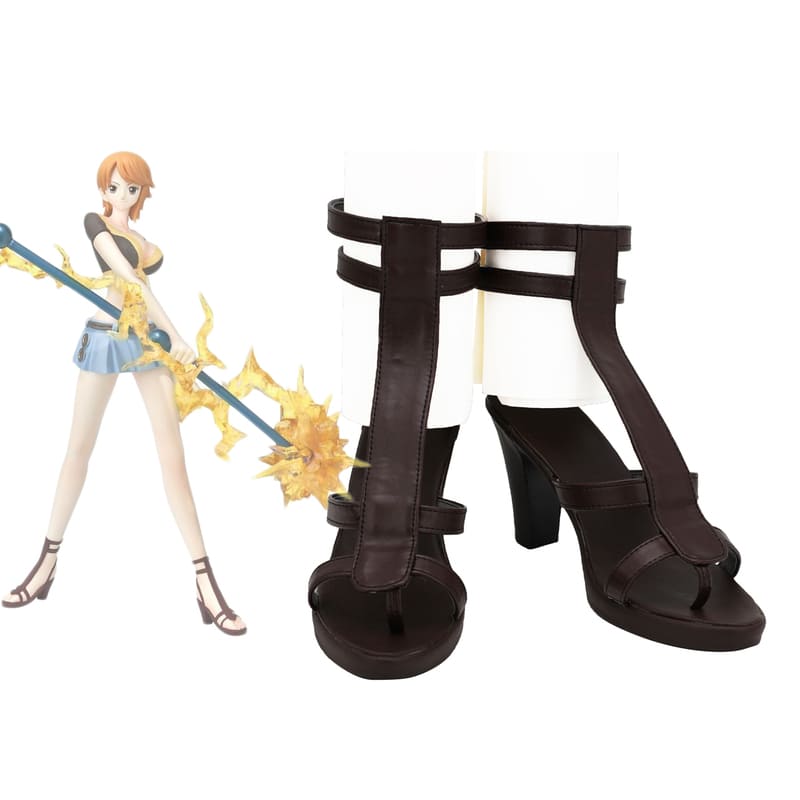 One Piece Nami Cosplay Sandals Brown High Heel Shoes Custom Made