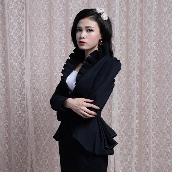 Fashion Spring Autumn Woolen Coat Women Royal Court Ruffles Swallowtail Jackets