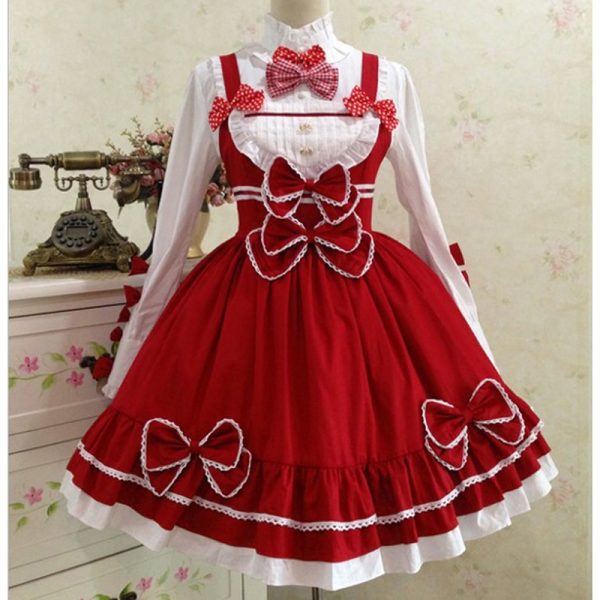 Little Red Riding Hood Maid Costume Cotton Lace Lolita Dress With Shawl