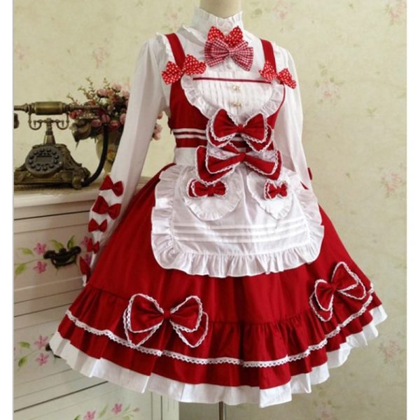 Little Red Riding Hood Maid Costume Cotton Lace Lolita Dress With Shawl