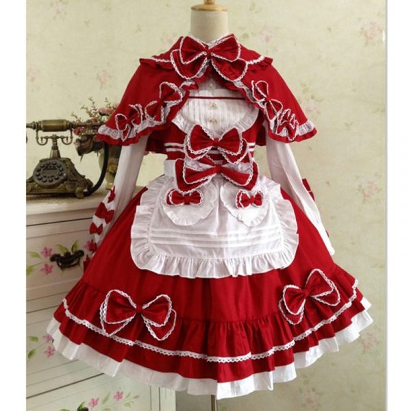 Little Red Riding Hood Maid Costume Cotton Lace Lolita Dress With Shawl