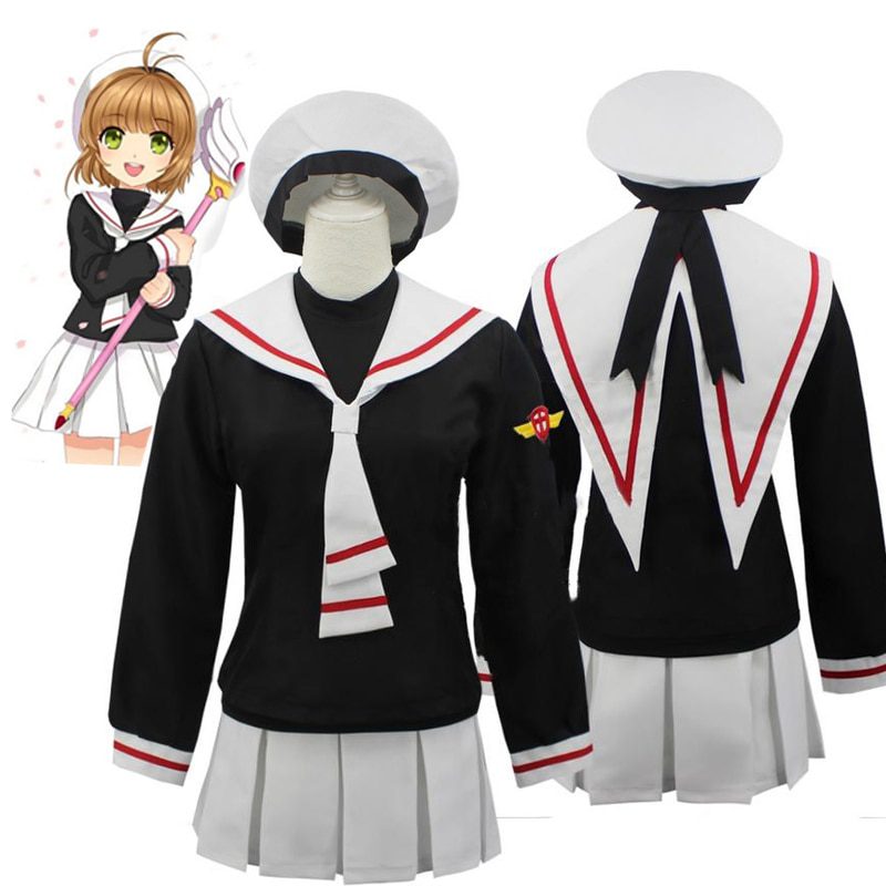 Anime Cardcaptor Sakura Card Captor Sakura School Uniform Cosplay Costume with Hat Wig