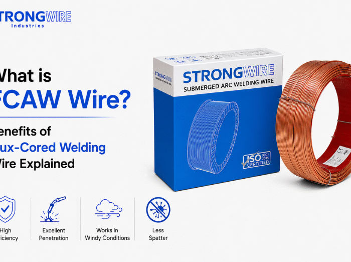 STRONGWIRE FCAW flux-cored welding wire coil and packaging box with benefits including high efficiency, excellent penetration, works in windy conditions, and less spatter.