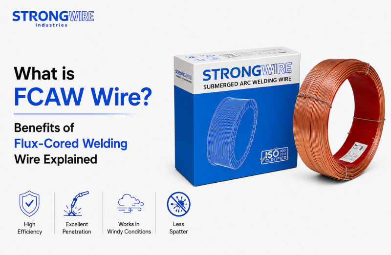 STRONGWIRE FCAW flux-cored welding wire coil and packaging box with benefits including high efficiency, excellent penetration, works in windy conditions, and less spatter.