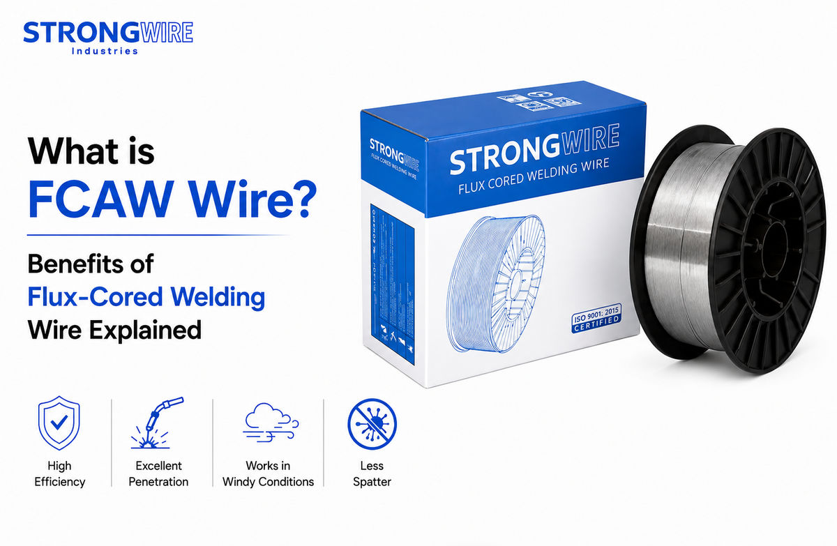 Infographic by StrongWire Industries explaining "What is FCAW Wire?" featuring a blue and white product box and a spool of flux-cored welding wire. Icons at the bottom highlight benefits: High Efficiency, Excellent Penetration, Works in Windy Conditions, and Less Spatter.