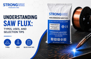 Bag of StrongWire agglomerated SAW flux with submerged arc welding wire spool, illustrating different SAW flux types, industrial welding applications, and selection tips.