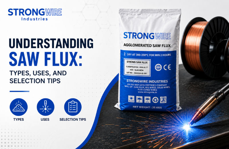 Bag of StrongWire agglomerated SAW flux with submerged arc welding wire spool, illustrating different SAW flux types, industrial welding applications, and selection tips.