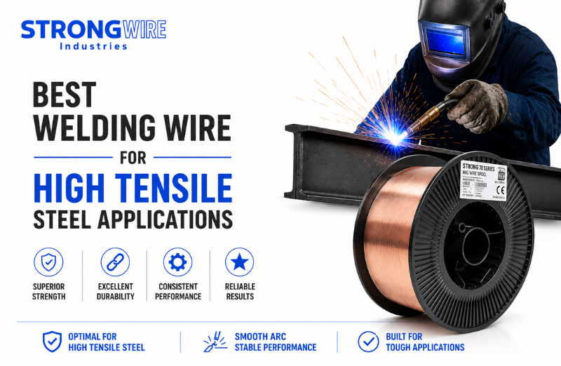 Industrial welding comparison between solid wire and flux-cored wire showing welding processes, wire spools, and applications for manufacturing, construction, and heavy fabrication.