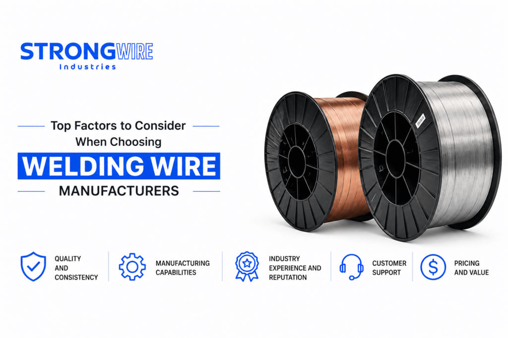 Top factors to consider when choosing welding wire manufacturers, featuring premium copper-coated and solid welding wire spools with emphasis on quality, manufacturing capabilities, industry experience, customer support, and pricing.