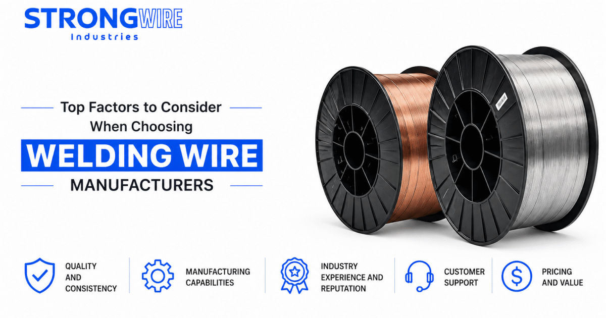 Top factors to consider when choosing welding wire manufacturers, featuring premium copper-coated and solid welding wire spools with emphasis on quality, manufacturing capabilities, industry experience, customer support, and pricing.