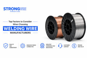Top factors to consider when choosing welding wire manufacturers, featuring premium copper-coated and solid welding wire spools with emphasis on quality, manufacturing capabilities, industry experience, customer support, and pricing.