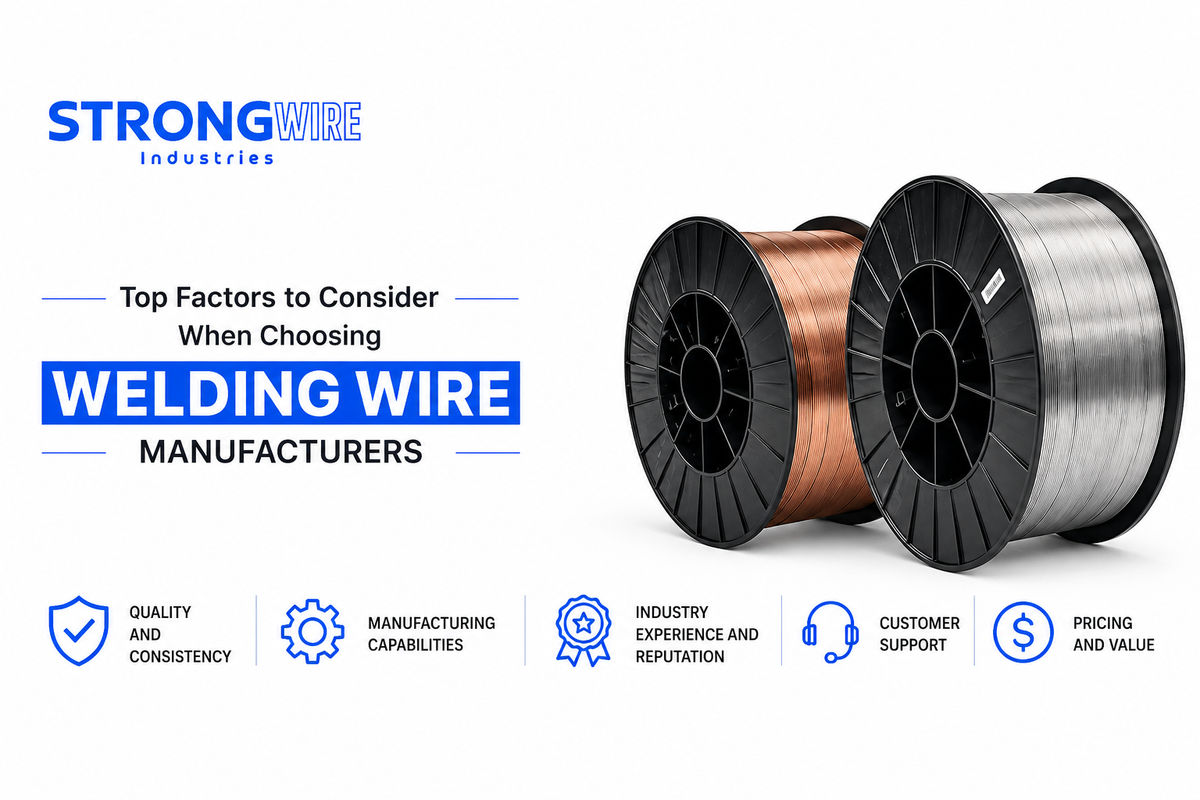 Top factors to consider when choosing welding wire manufacturers, featuring premium copper-coated and solid welding wire spools with emphasis on quality, manufacturing capabilities, industry experience, customer support, and pricing.