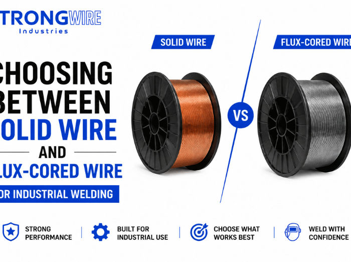 Industrial welding comparison between solid wire and flux-cored wire showing welding processes, wire spools, and applications for manufacturing, construction, and heavy fabrication.
