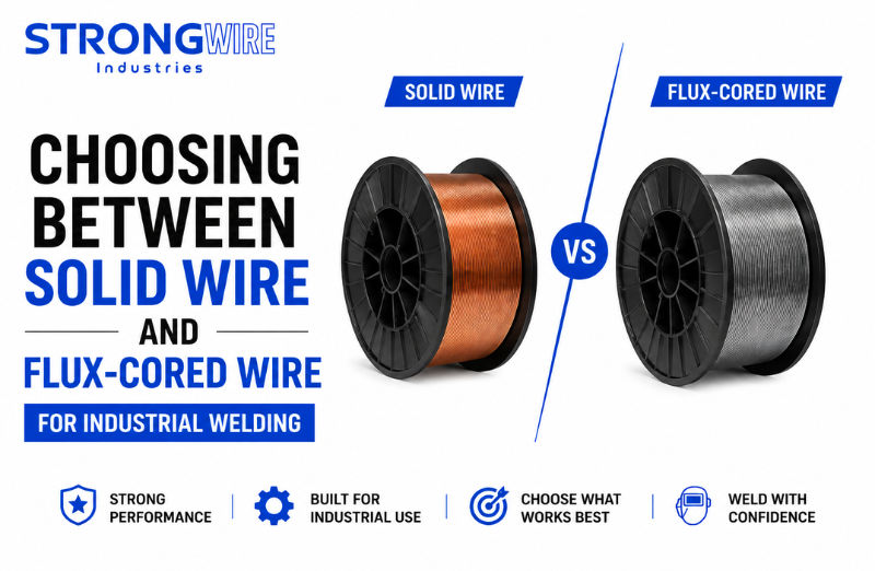 Industrial welding comparison between solid wire and flux-cored wire showing welding processes, wire spools, and applications for manufacturing, construction, and heavy fabrication.