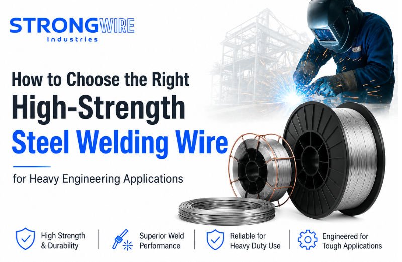 Welder using high-strength steel MIG welding wire for heavy engineering and structural steel fabrication with StrongWire industrial welding wire.