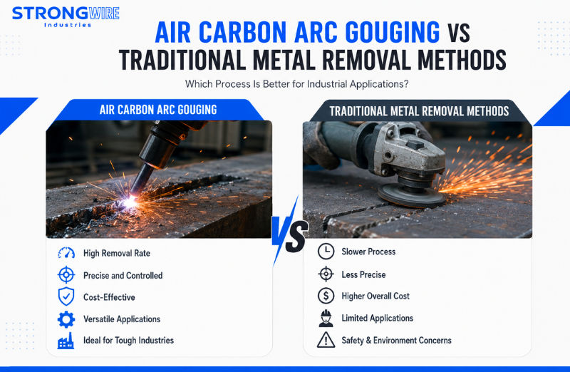 Industrial air carbon arc gouging electrode removing weld metal during heavy fabrication repair