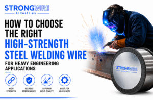 Welder using high-strength steel MIG welding wire for heavy engineering and structural steel fabrication with StrongWire industrial welding wire