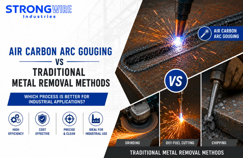 Comparison of Air Carbon Arc Gouging and traditional metal removal methods including grinding, oxy-fuel cutting, and chipping for industrial fabrication and weld preparation.