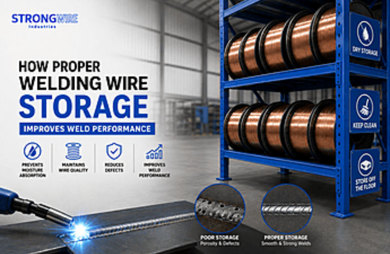 Proper storage of welding wire in a clean industrial environment to improve weld quality and prevent contamination.