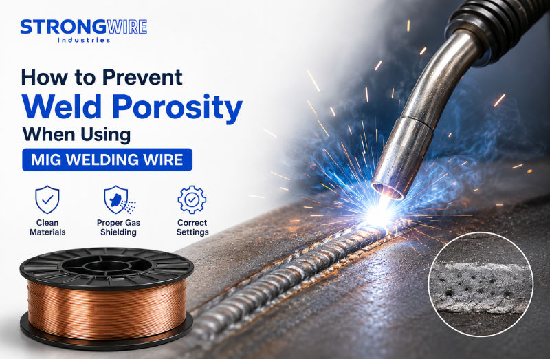 Welder preventing weld porosity using premium MIG welding wire in an industrial fabrication workshop