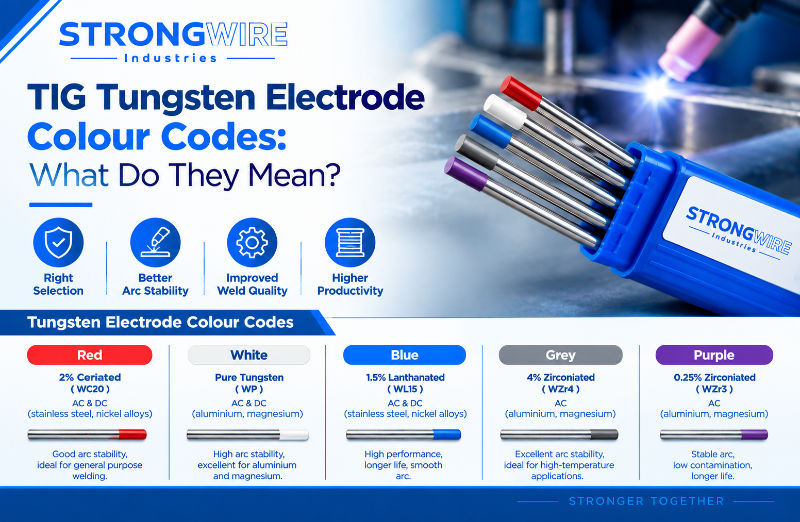 TIG tungsten electrodes in red, white, blue, grey, and purple colour codes used for different welding applications.