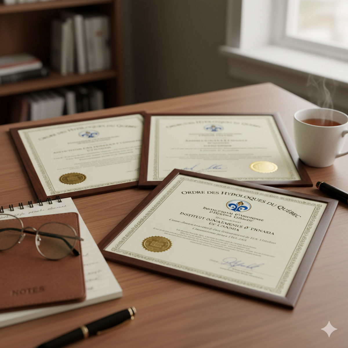Documents de certification en hypnose - Canada - sur un bureau