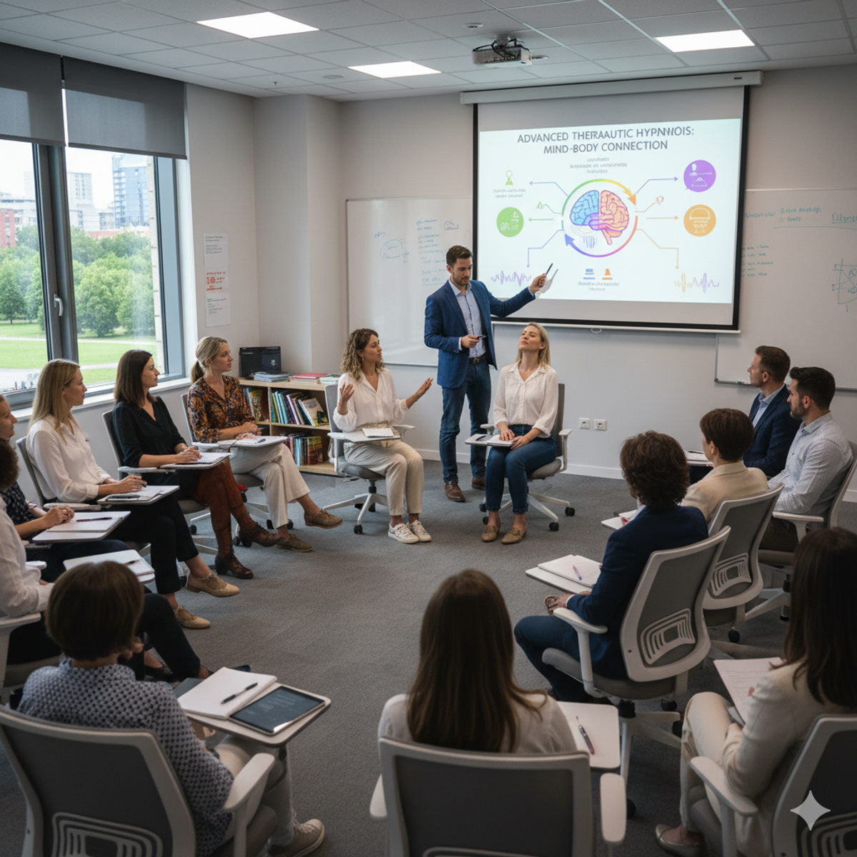 Salle de formation en hypnothérapie montrant des techniques avancées