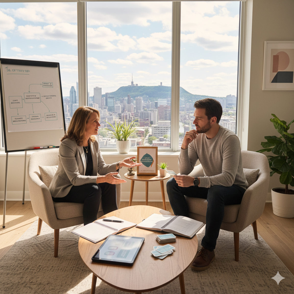 Cognitive behavioral therapy session in a modern Montreal office