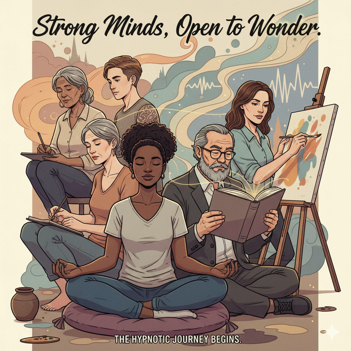 Diverse strong-minded people engaged in hypnosis-related activities