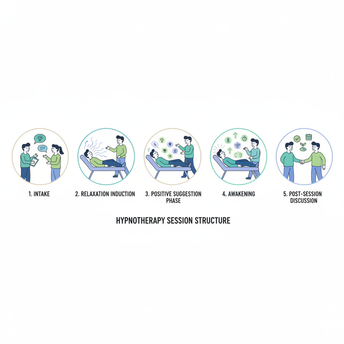 Hypnotherapy session steps: intake, induction, suggestion, awakening