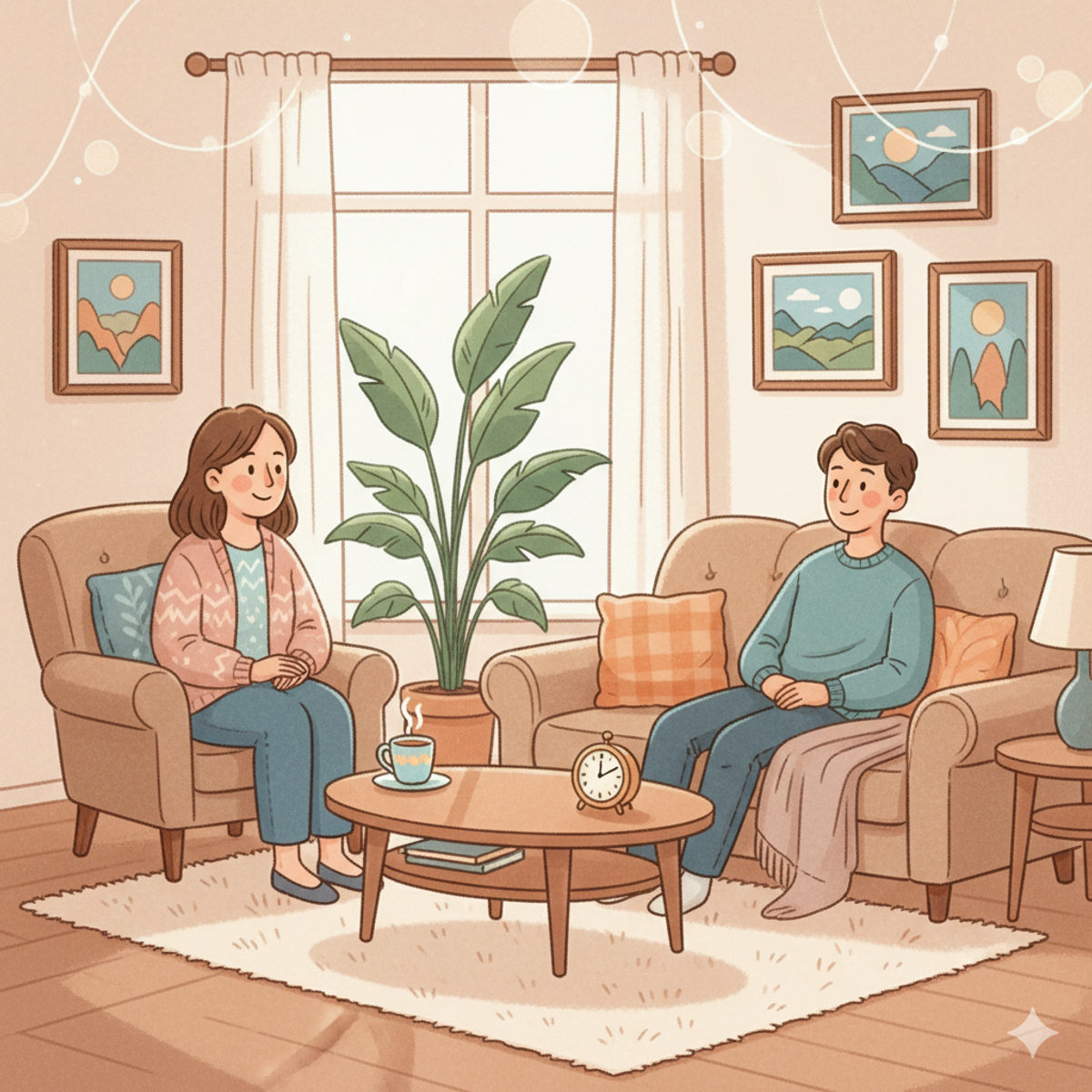 Supportive therapy session in a calm interior