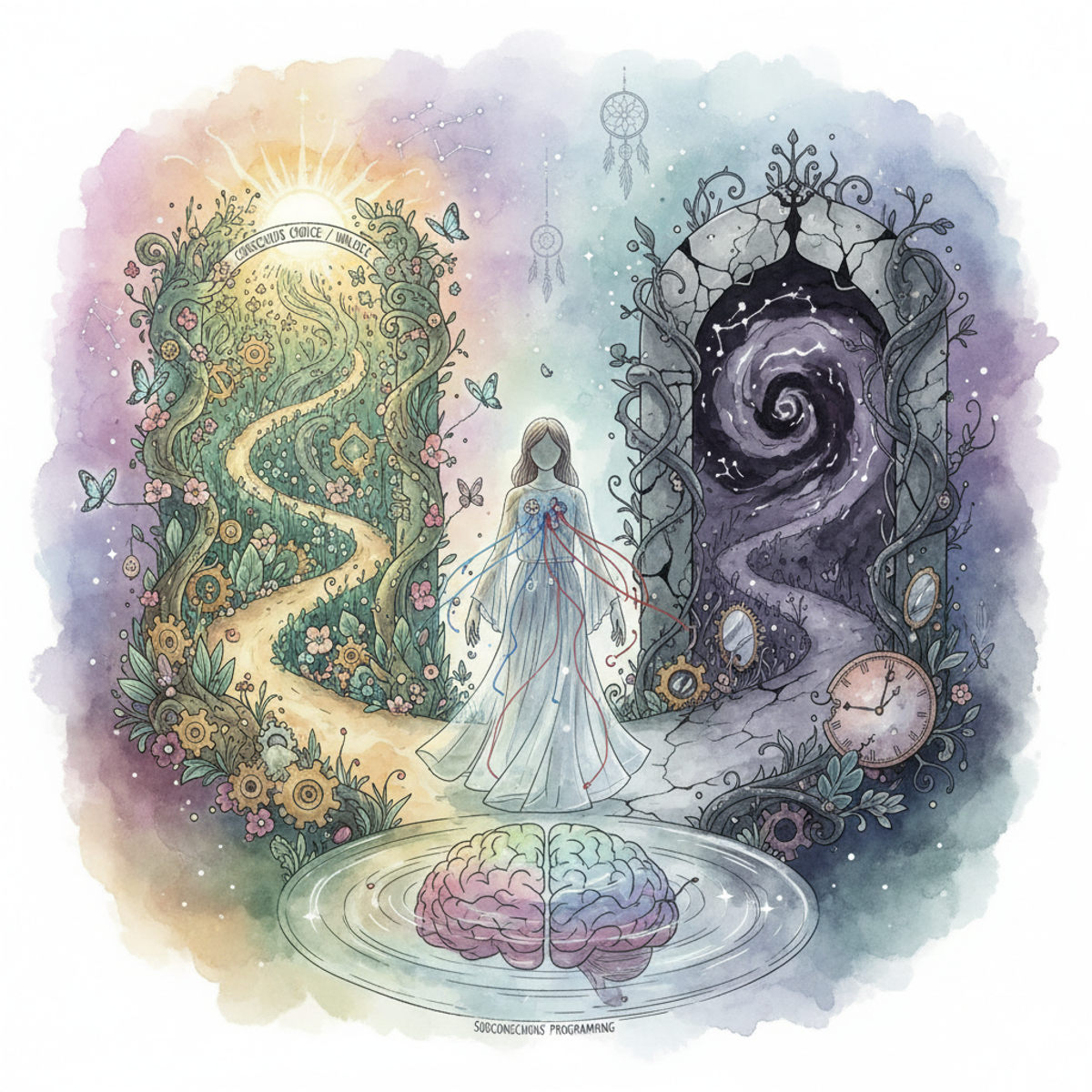 Chemins divergents symbolisant les choix subconscients et la direction de vie