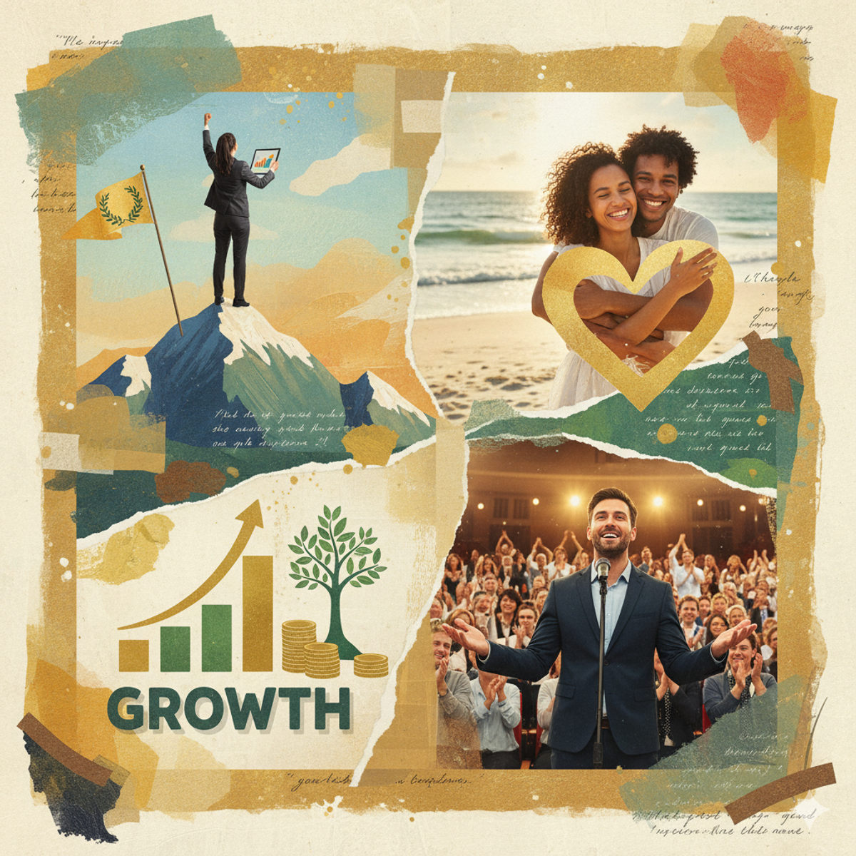 Collage de succès illustrant affaires, amour, croissance et confiance