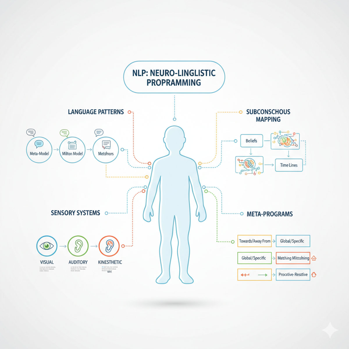 Infographic of NLP components around a human silhouette mind map