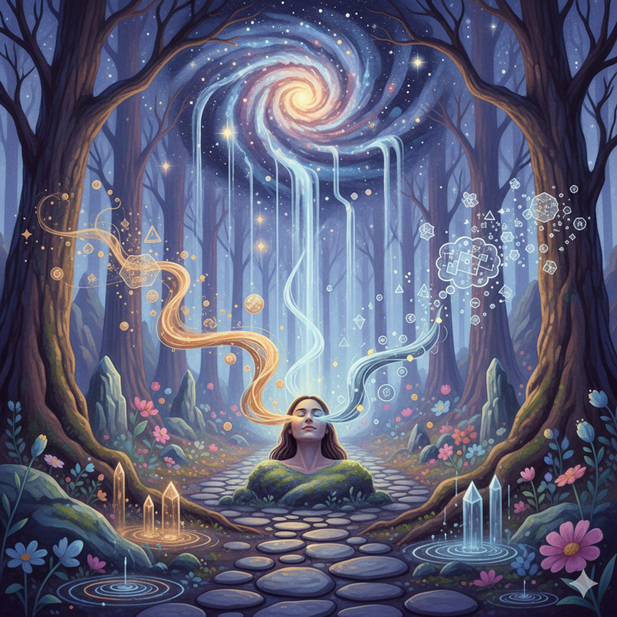 Guided imagery of a forest path and dreamlike landscape for relaxation