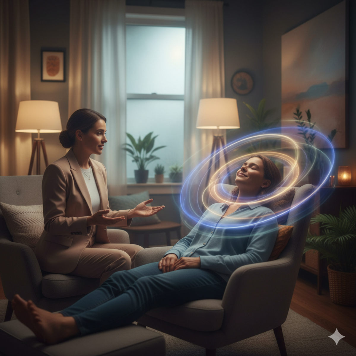 Professional hypnotherapy session with relaxed client in a calm therapy room