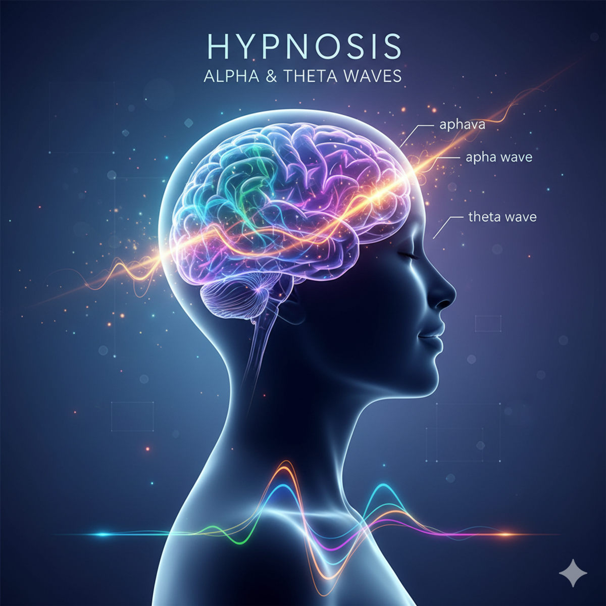 Illustration of brain with alpha and theta waves during hypnotherapy