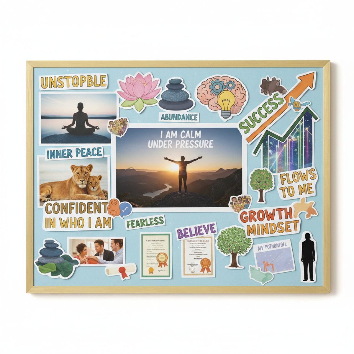 Vision board with positive affirmations and confidence-building images