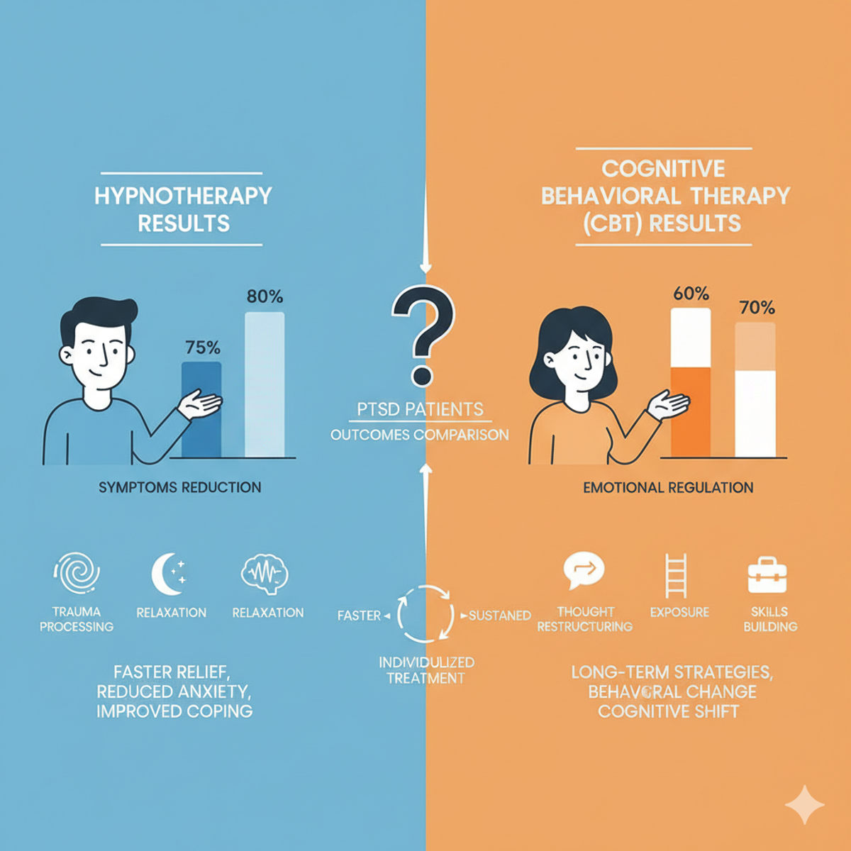 Infographie comparant l'hypnothérapie et la TCC pour le TSPT