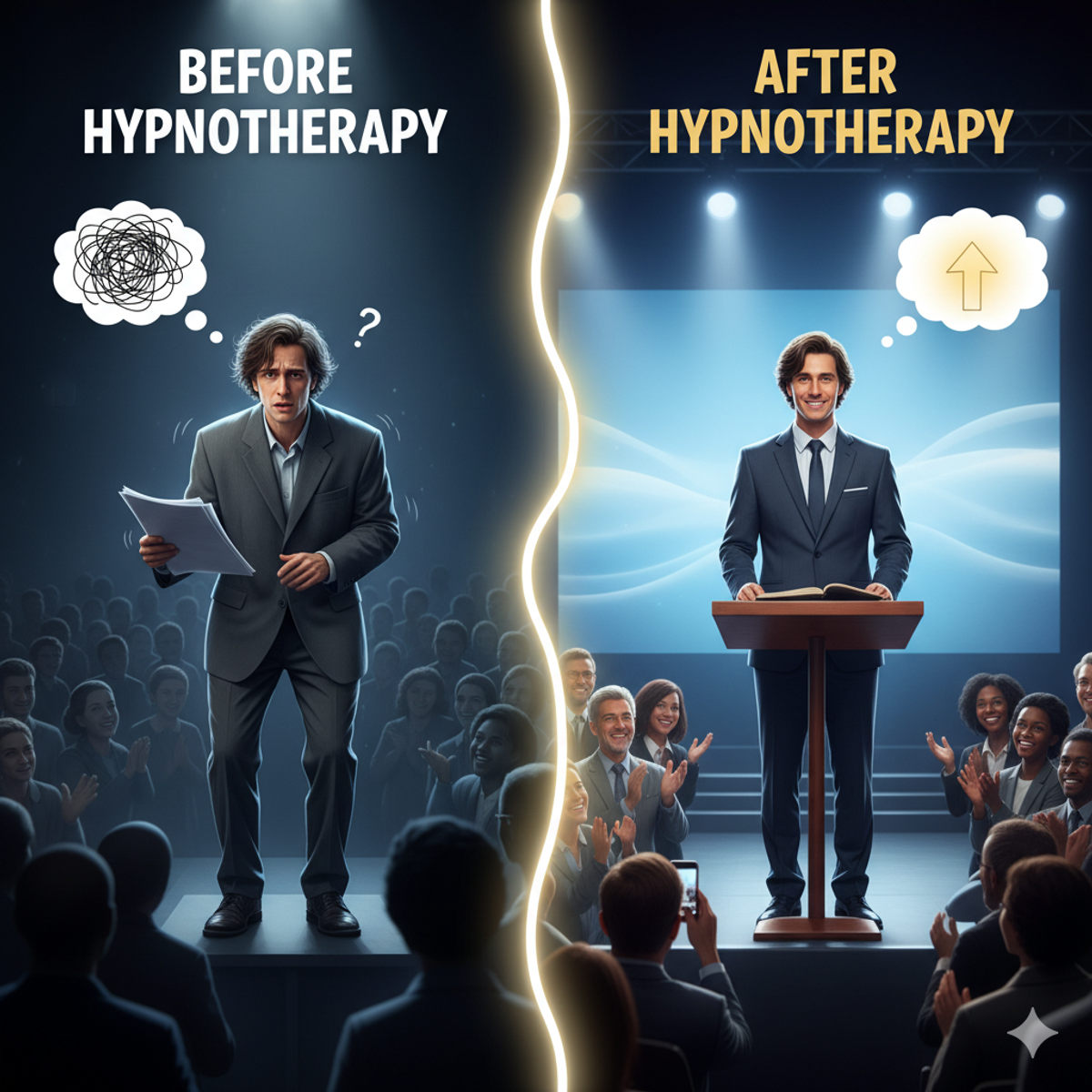 Before and after illustration of overcoming anxiety and speaking with confidence through hypnotherapy