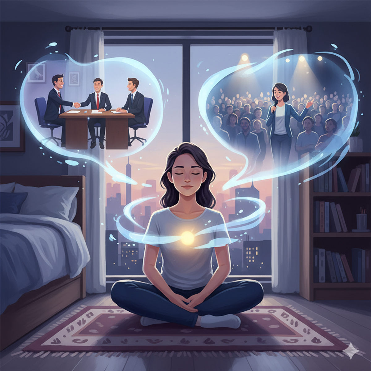 Person visualizing success in job interviews and public speaking with hypnotherapy support