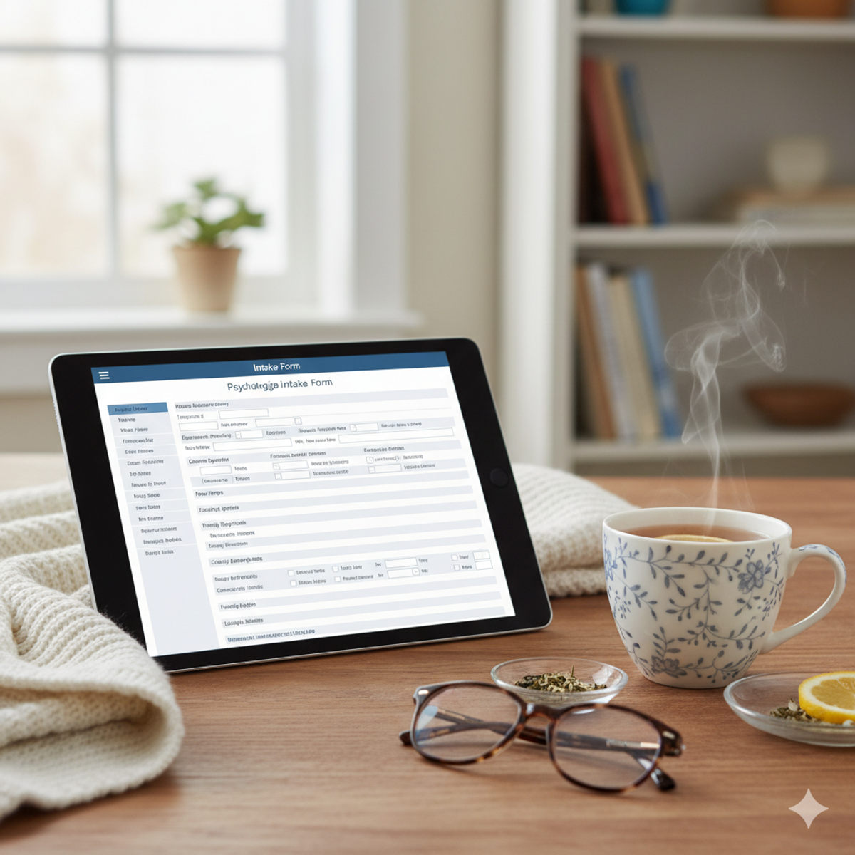Digital intake questionnaire on tablet with tea in relaxed setting
